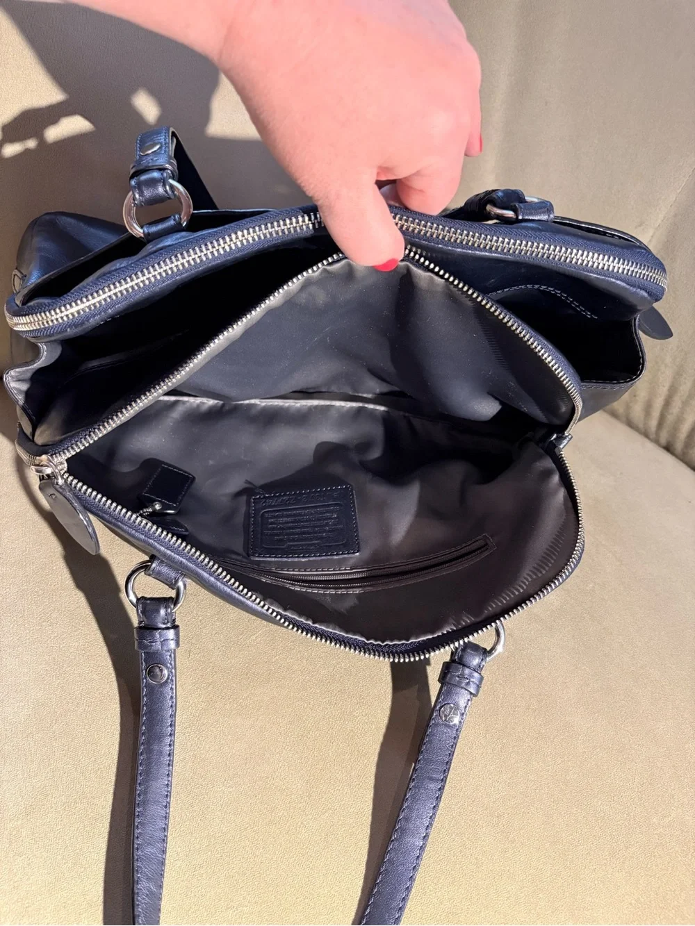 Coach Dark Navy Pearlescent Leather Double-Zip Shoulder Bag with Turn-Lock